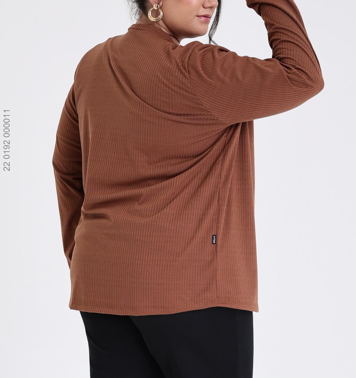 Cardigan e Blusa Malha Canelada Marrom Plus Size