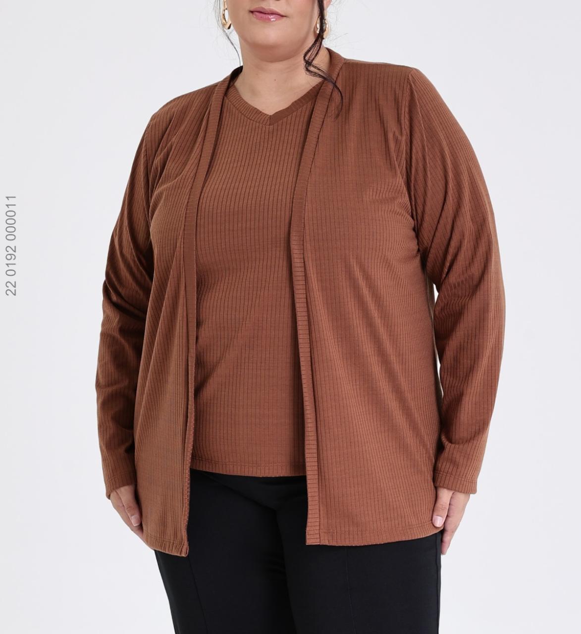 Cardigan e Blusa Malha Canelada Marrom Plus Size
